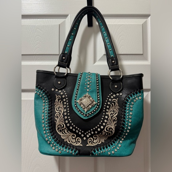Montana West Handbags - Montana West Black and Teal Studded Shoulder Bag